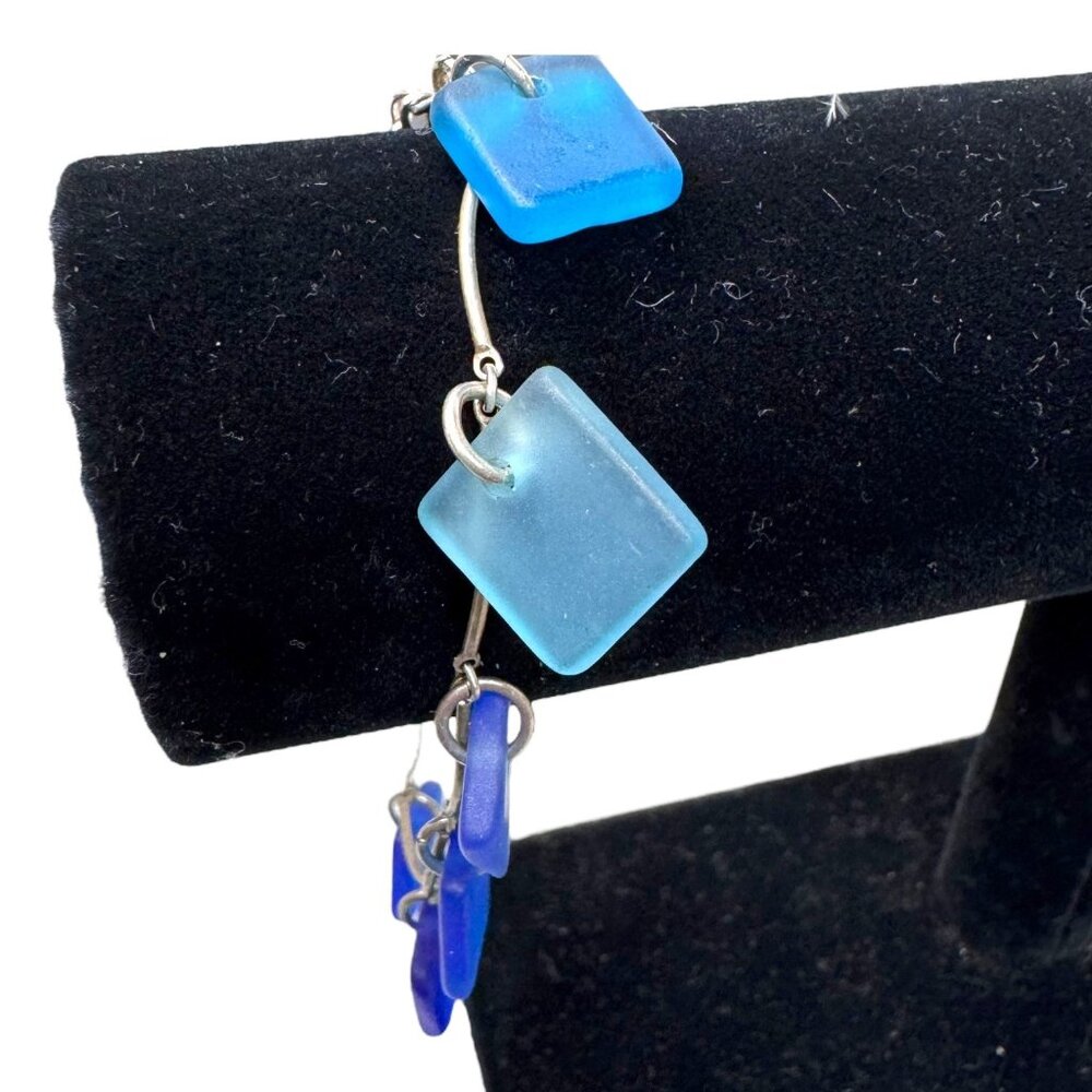 Vtg Sea Glass Charm Bracelet Sterling Silver Blue Ombré Coastal Jewelry Beach